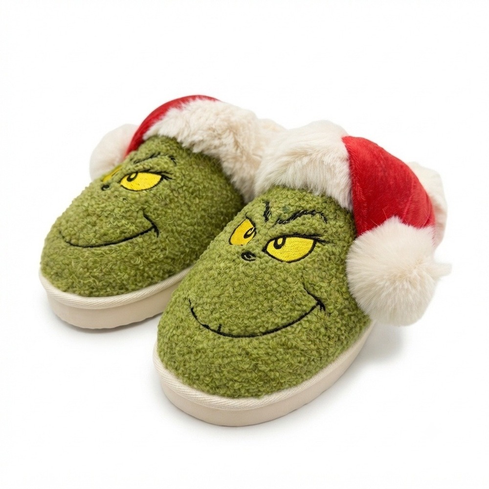 American Eagle The Grinch Slippers Womens 10 Green Christmas Santa Hat Plush NEW